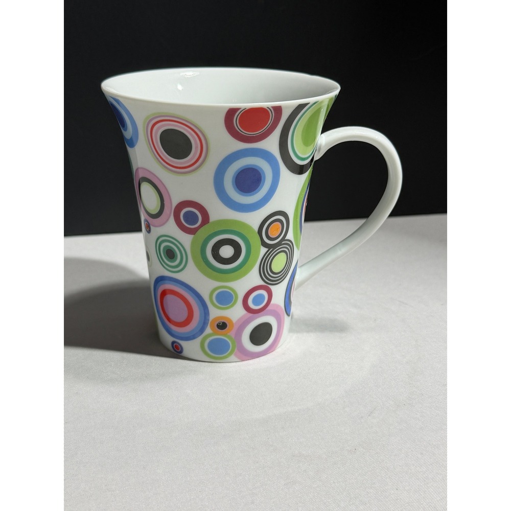 Bella Lux Porcelain Coffee Mug Retro Multi Color Concentric Circles Polka Dot